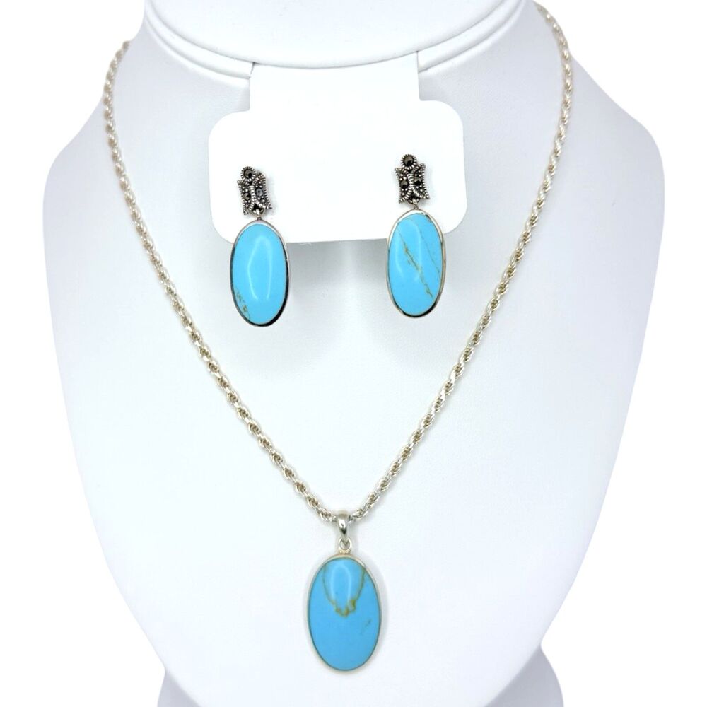 Vintage 925 Sterling Silver Turquoise Necklace Pendant Earrings Set Marcasite